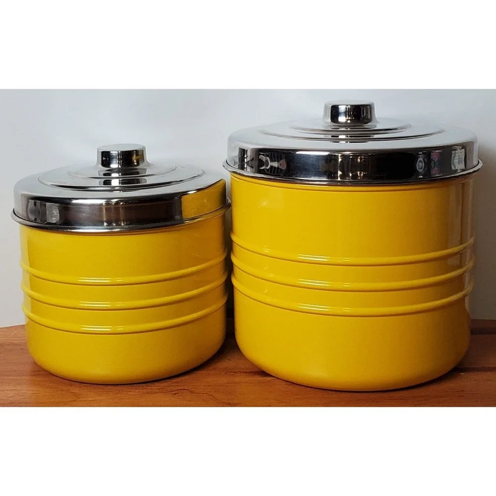 Vintage Pier 1‎ One Retro Diner Yellow Chrome Silver Metal Nesting Canister Set